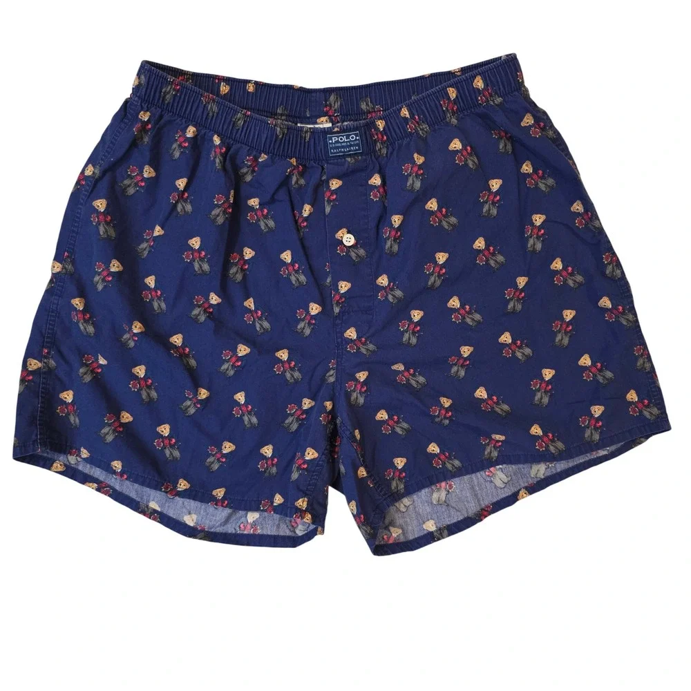 Vintage Polo Ralph Lauren Boxer Shorts Navy Bear with Roses All Over Print M